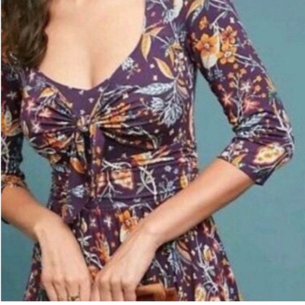 Anthropologie Maeve purple floral v neck tie front dress. - Picture 2 of 7